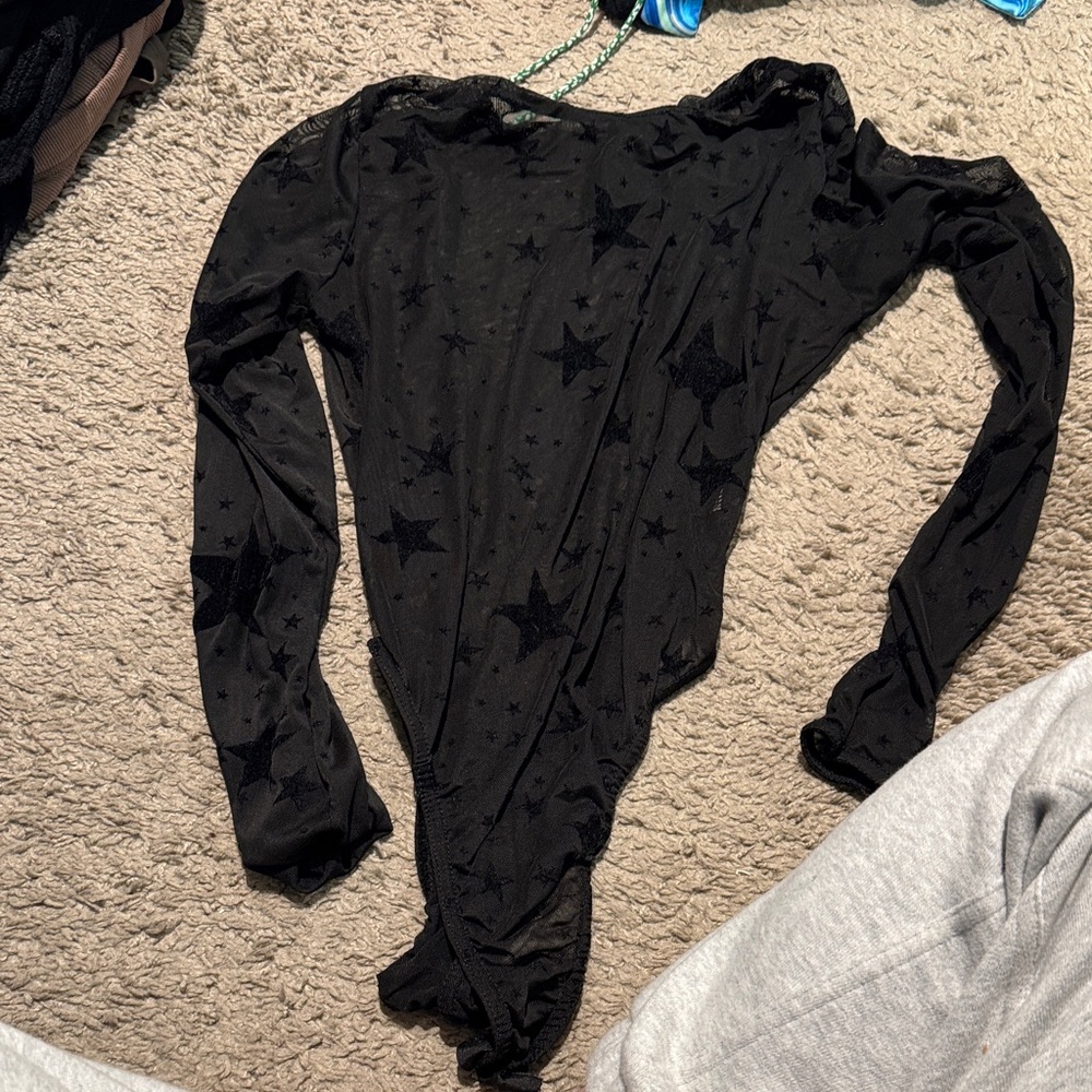 Nasty Gal Black Sheer Star-Print Long Sleeve Bodysuit